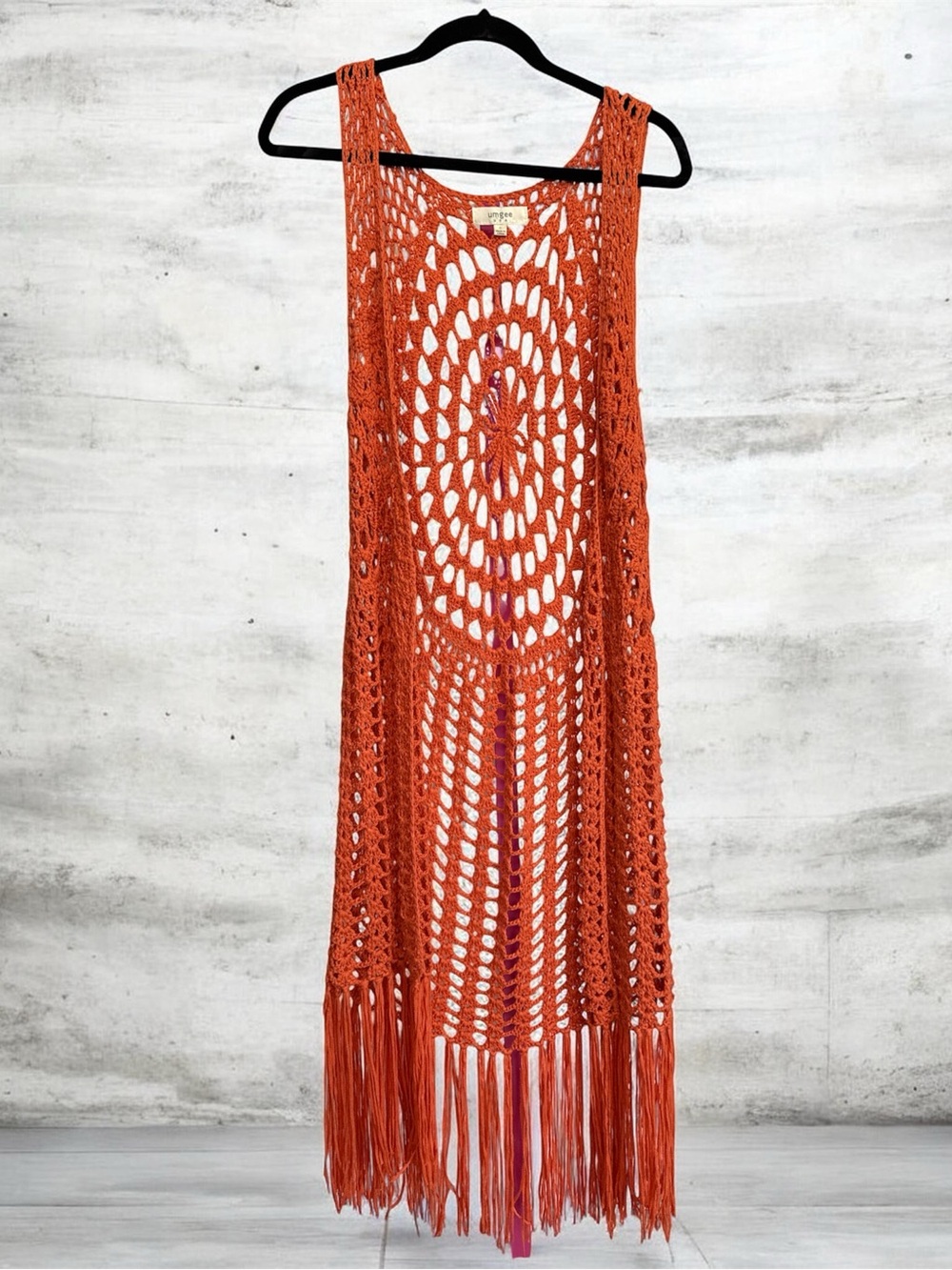 Umgee Open Crochet Fringe Vest in Orange